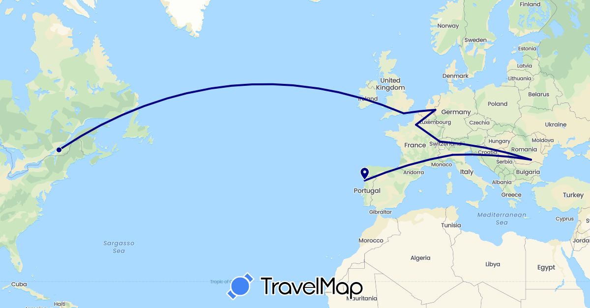 TravelMap itinerary: driving in Canada, Switzerland, France, United Kingdom, Italy, Netherlands, Portugal, Romania (Europe, North America)